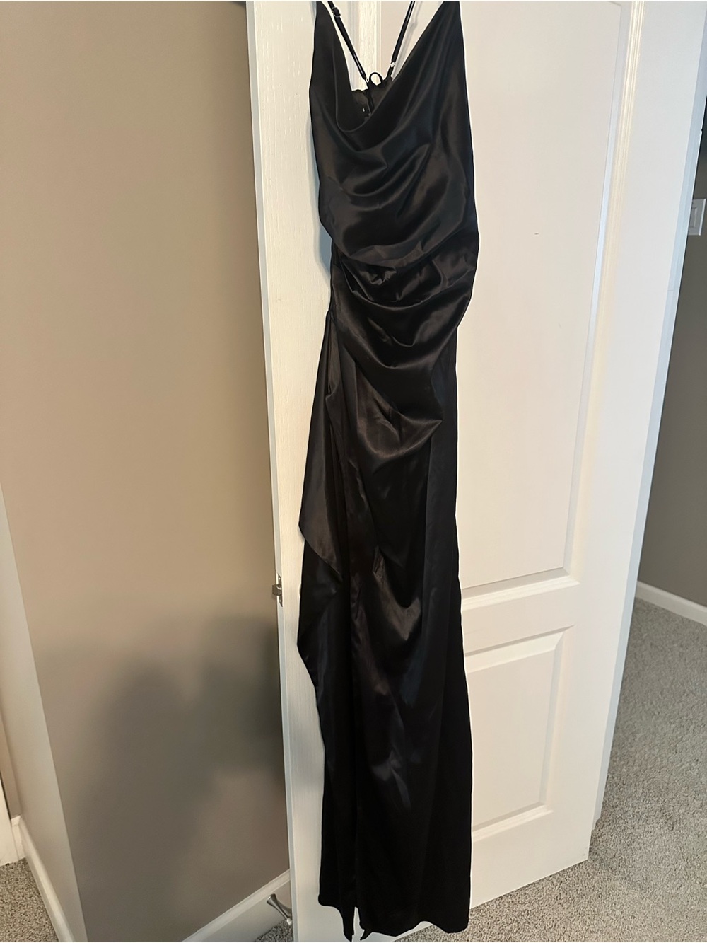Black Strapless Satin Cowl Evening Dress